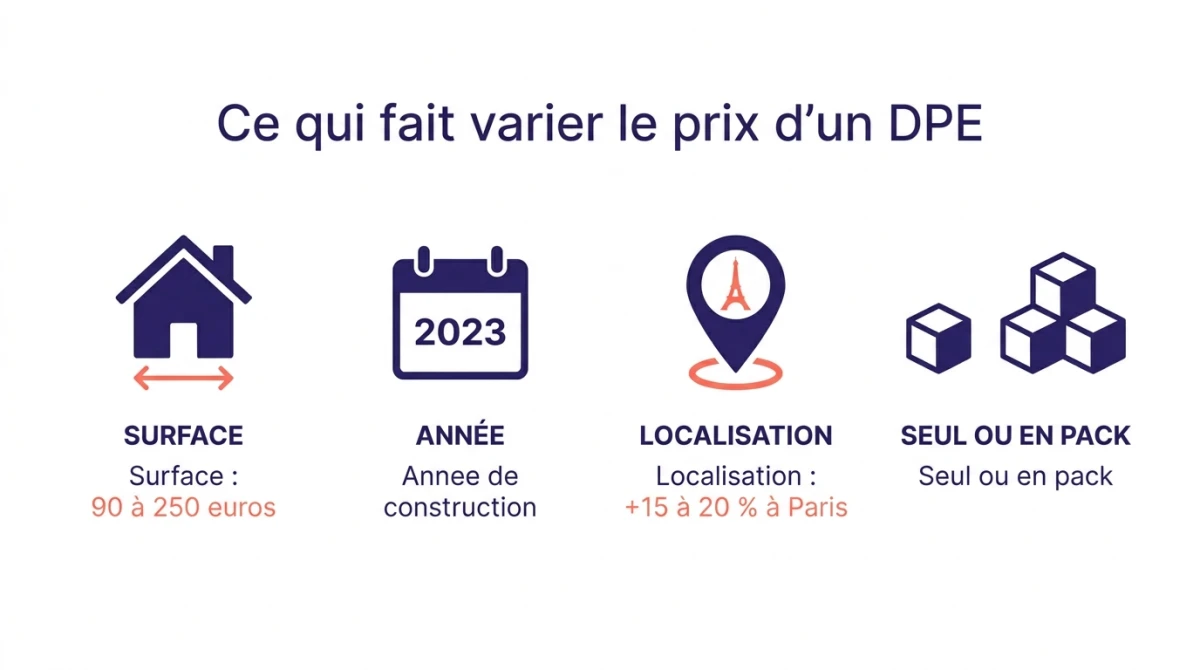 Infographie des quatre facteurs qui font varier le prix d'un DPE : surface, année de construction, localisation, seul ou en pack