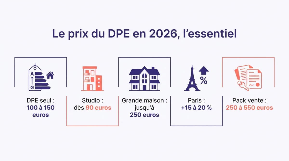 Infographie de synthèse du prix du DPE en 2026 : DPE seul, studio, grande maison, Paris et pack vente