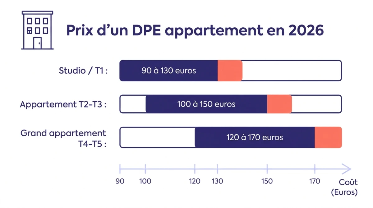 Infographie des prix d'un DPE d'appartement en 2026 selon la taille du logement