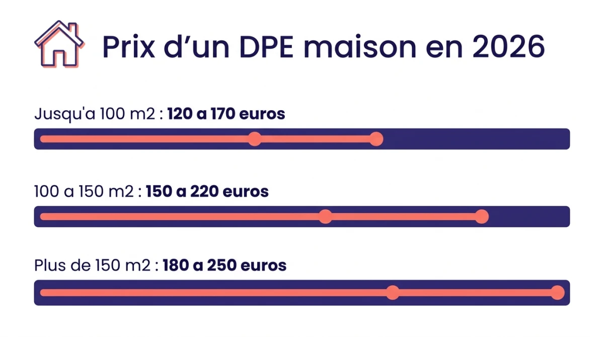 Infographie des prix d'un DPE de maison en 2026 selon la surface du logement