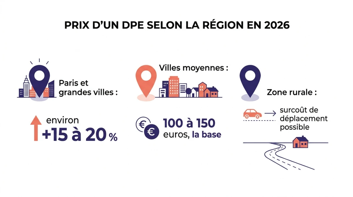 Infographie des prix d'un DPE selon la région en 2026 : Paris, villes moyennes et zone rurale