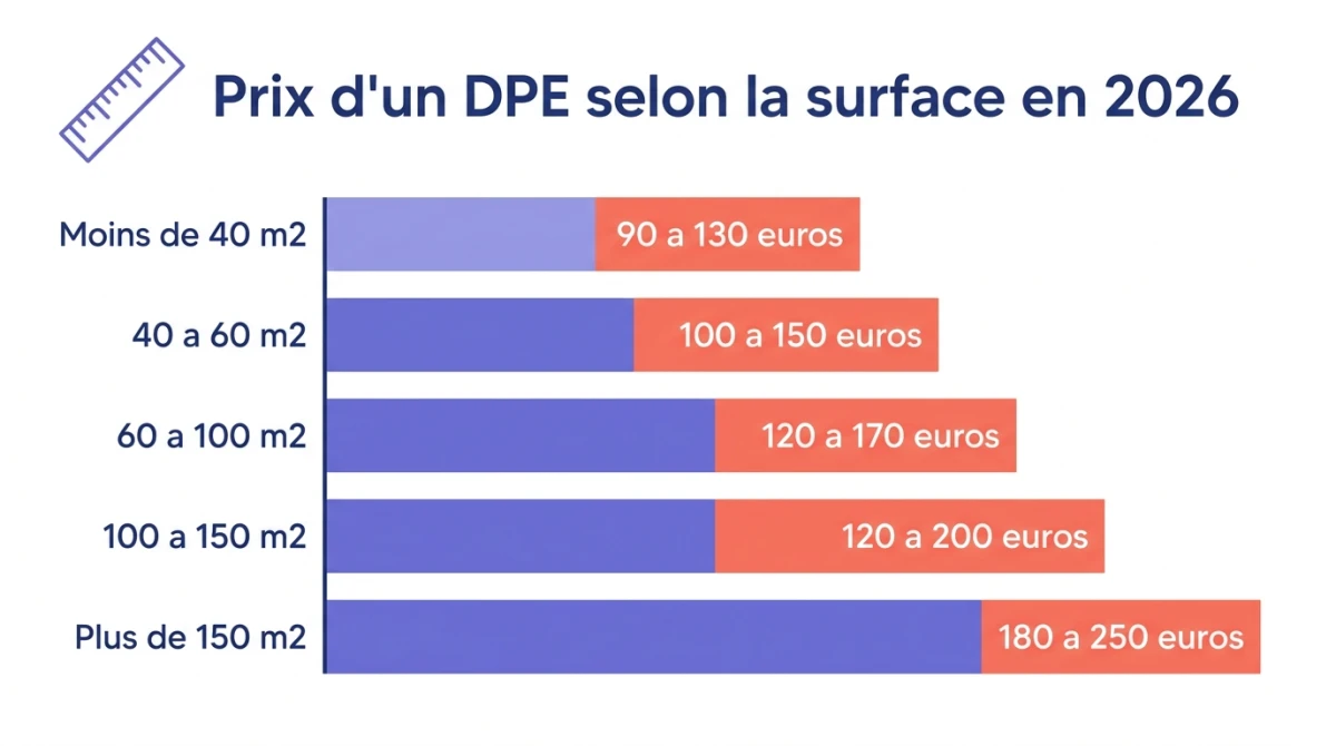 Infographie des prix d'un DPE selon la surface du logement en 2026, du studio à la grande maison