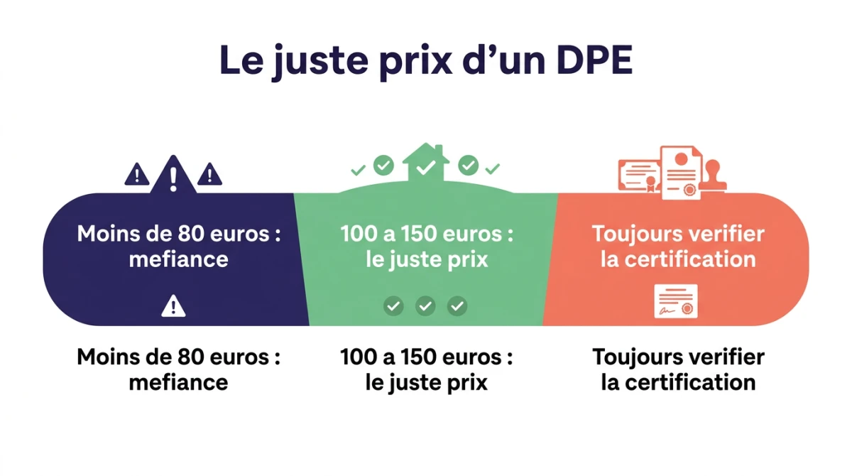 Infographie du juste prix d'un DPE : zone de méfiance sous 80 euros, juste prix entre 100 et 150 euros, et vérification de la certification
