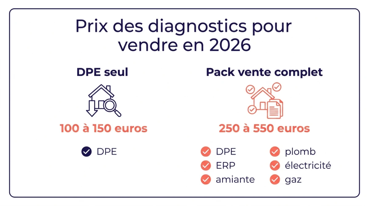 Infographie comparant le prix d'un DPE seul et d'un pack de diagnostics pour vendre en 2026