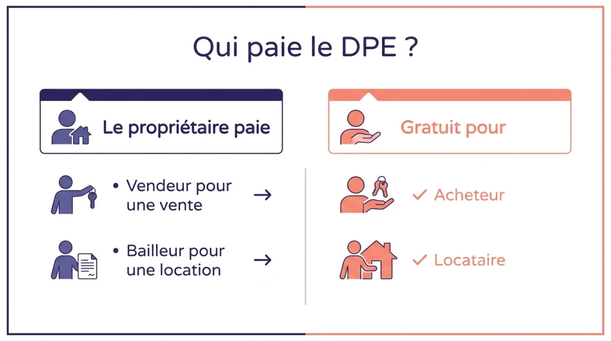 Infographie expliquant qui paie le DPE : le propriétaire vendeur ou bailleur paie, tandis que l'acheteur et le locataire le reçoivent gratuitement